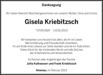 Traueranzeige von Gisela Kriebitzsch von Südthüringer Presse