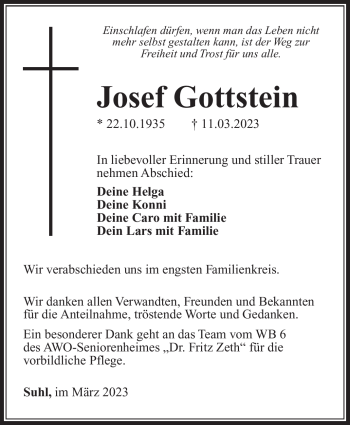 Traueranzeige von Josef Gottstein von Südthüringer Presse