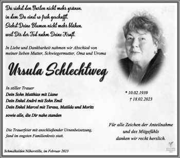 Traueranzeige von Ursula Schlechtweg von Südthüringer Presse
