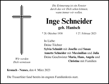 Traueranzeige von Inge Schneider von Neue Presse Coburg