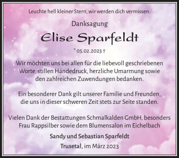 Traueranzeige von Elise Sparfeldt von Südthüringer Presse