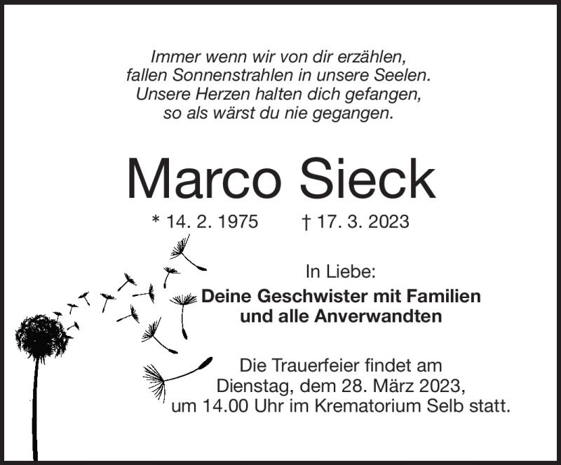  Traueranzeige für Marco Sieck vom 25.03.2023 aus Frankenpost
