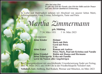 Traueranzeige von Martha Zimmermann von Südthüringer Presse