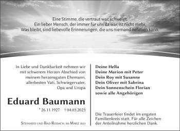 Traueranzeige von Eduard Baumann von Südthüringer Presse