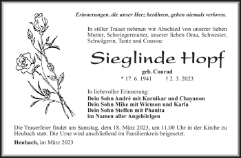 Traueranzeige von Sieglinde Hopf von Südthüringer Presse