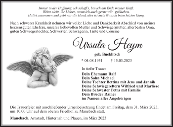 Traueranzeige von Ursula Heym von Südthüringer Presse