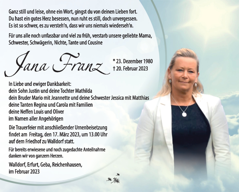  Traueranzeige für Jana Franz vom 11.03.2023 aus Südthüringer Presse