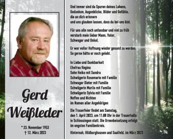 Traueranzeige von Gerd Weißleder von Südthüringer Presse