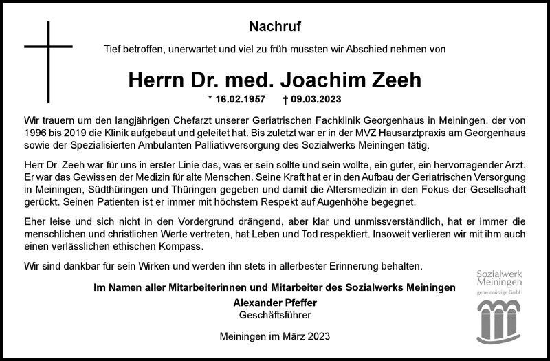  Traueranzeige für Joachim Zeeh vom 22.03.2023 aus Südthüringer Presse
