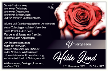Traueranzeige von Hildegard Lind von Südthüringer Presse