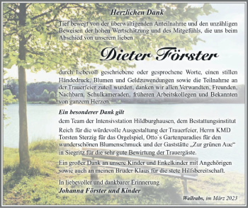 Traueranzeige von Dieter Förster von Südthüringer Presse