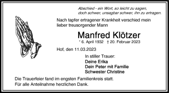 Traueranzeige von Manfred Klötzer von Frankenpost