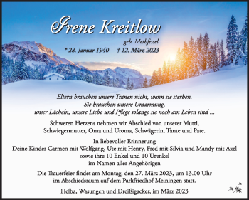 Traueranzeige von Irene Kreitlow von Südthüringer Presse