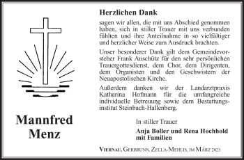 Traueranzeige von Mannfred Menz von Südthüringer Presse