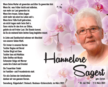 Traueranzeige von Hannelore Sagert von Südthüringer Presse