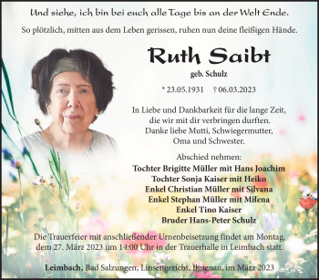 Traueranzeige von Ruth Saibt von Südthüringer Presse