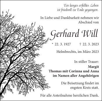 Traueranzeige von Gerhard Will von Frankenpost