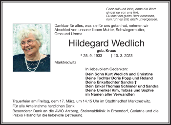 Traueranzeige von Hildegard Wedlich von Frankenpost