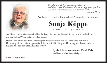 Traueranzeige von Sonja Köppe von Südthüringer Presse