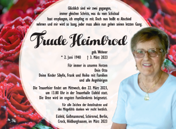 Traueranzeige von Trude Heimbrod von Südthüringer Presse