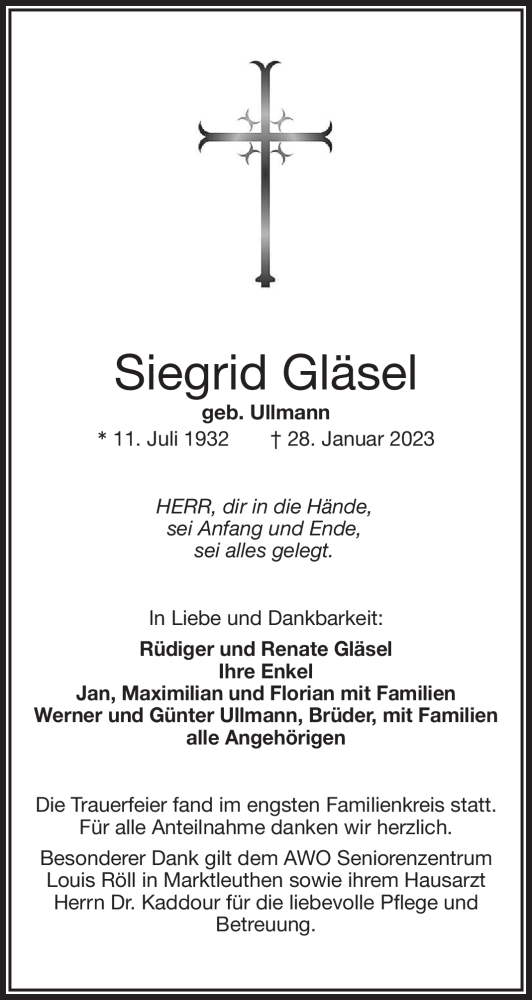  Traueranzeige für Siegrid Gläsel vom 06.03.2023 aus Frankenpost