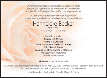 Traueranzeige von Hannelore Becker von Neue Presse Coburg