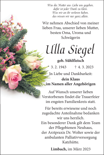 Traueranzeige von Ulla Siegel von Südthüringer Presse