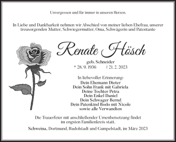 Traueranzeige von Renate Hösch von Südthüringer Presse