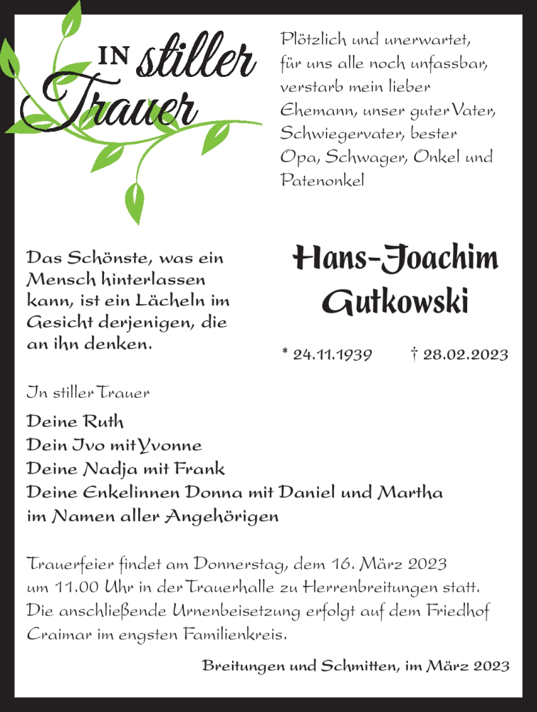  Traueranzeige für Hans-Joachim Gutkowski vom 11.03.2023 aus Südthüringer Presse
