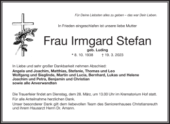 Traueranzeige von Irmgard Stefan von Frankenpost