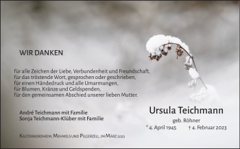 Traueranzeige von Ursula Teichmann von Südthüringer Presse