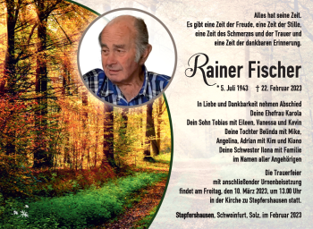 Traueranzeige von Rainer Fischer von Südthüringer Presse