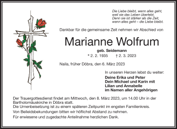 Traueranzeige von Marianne Wolfrum von Frankenpost