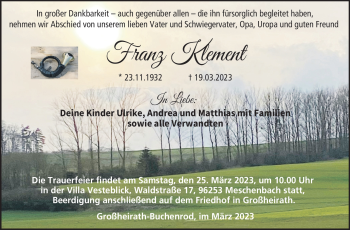 Traueranzeige von Franz Klement von Neue Presse Coburg