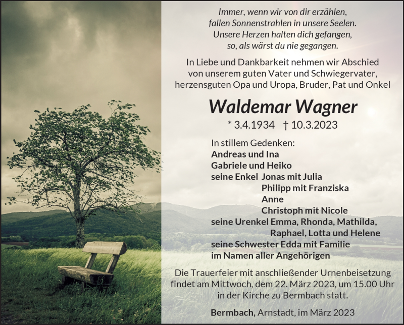  Traueranzeige für Waldemar Wagner vom 18.03.2023 aus Südthüringer Presse