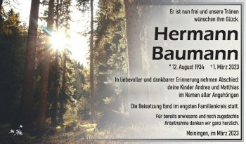 Traueranzeige von Hermann Baumann von Südthüringer Presse