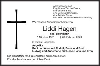 Traueranzeige von Liddi Hagen von Frankenpost