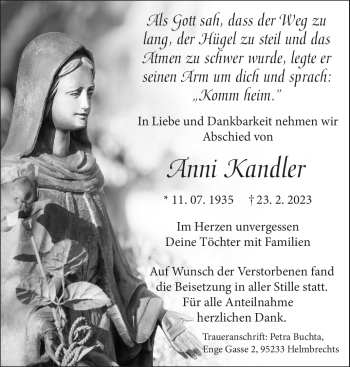 Traueranzeige von Anni Kandler von Frankenpost