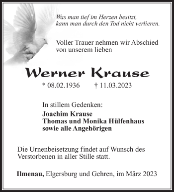 Traueranzeige von Werner Krause von Südthüringer Presse