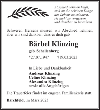 Traueranzeige von Bärbel Klinzing von Südthüringer Presse