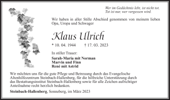Traueranzeige von Klaus Ulrich von Südthüringer Presse