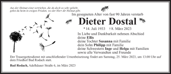Traueranzeige von Dieter Dostal von Südthüringer Presse