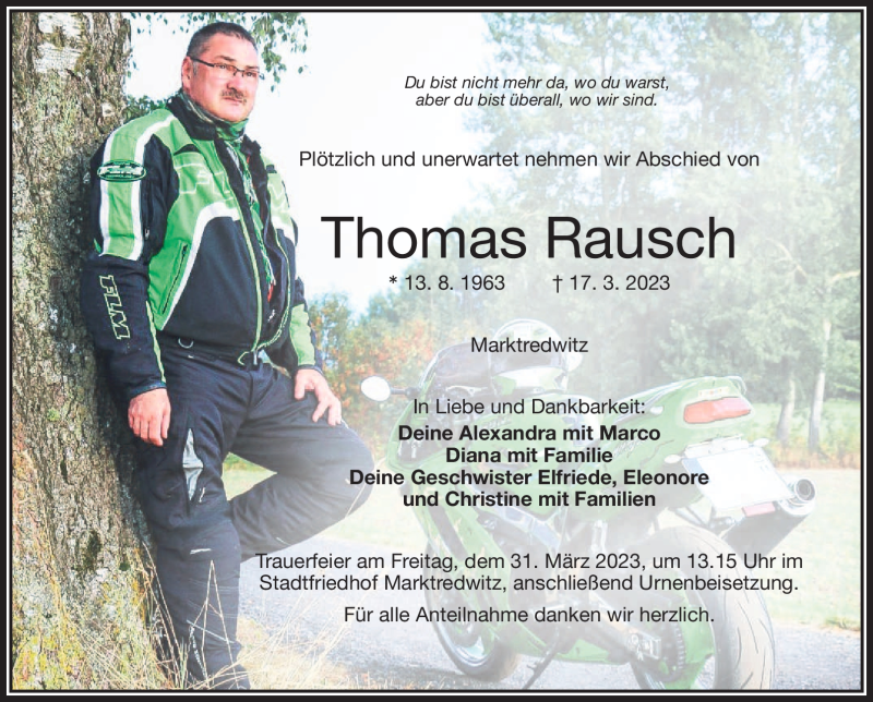  Traueranzeige für Thomas Rausch vom 28.03.2023 aus Frankenpost