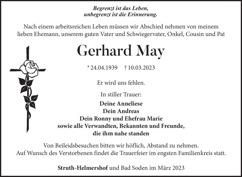  Traueranzeige für Gerhard May vom 14.03.2023 aus Südthüringer Presse