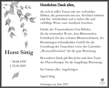 Traueranzeige von Horst Sittig von Südthüringer Presse