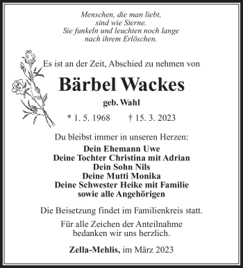 Traueranzeige von Bärbel Wackes von Südthüringer Presse