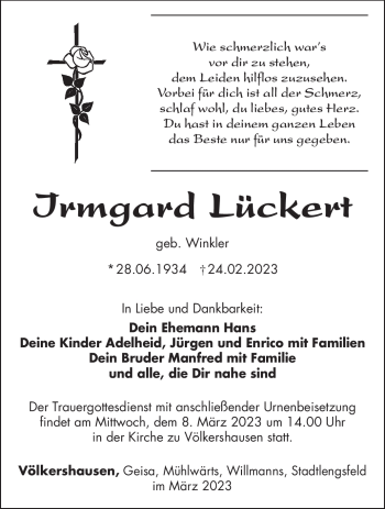 Traueranzeige von Irmgard Lückert von Südthüringer Presse