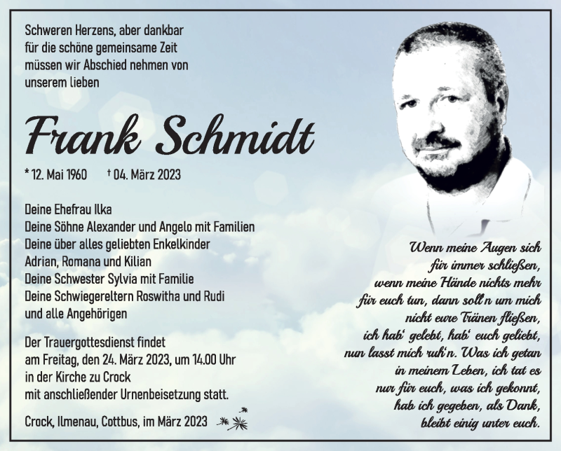  Traueranzeige für Frank Schmidt vom 11.03.2023 aus Südthüringer Presse