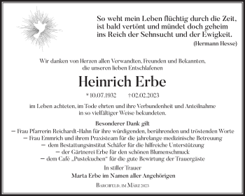 Traueranzeige von Heinrich Erbe von Südthüringer Presse