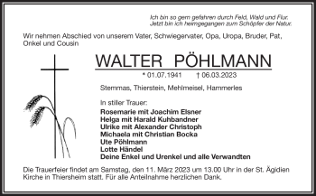 Traueranzeige von Walter Pöhlmann von Frankenpost